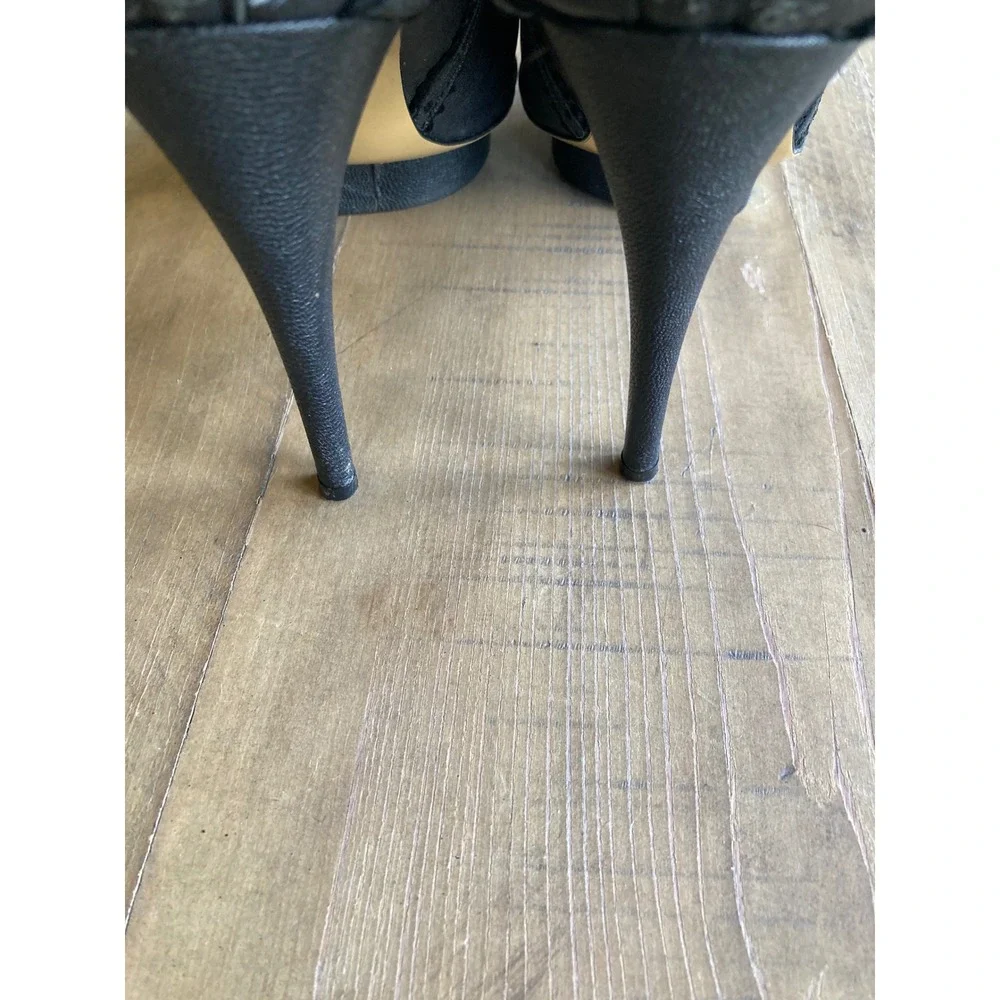 Suecomma Bonnie Black Leather Brogue Platform Peep Toe Tassel Heels 39.5